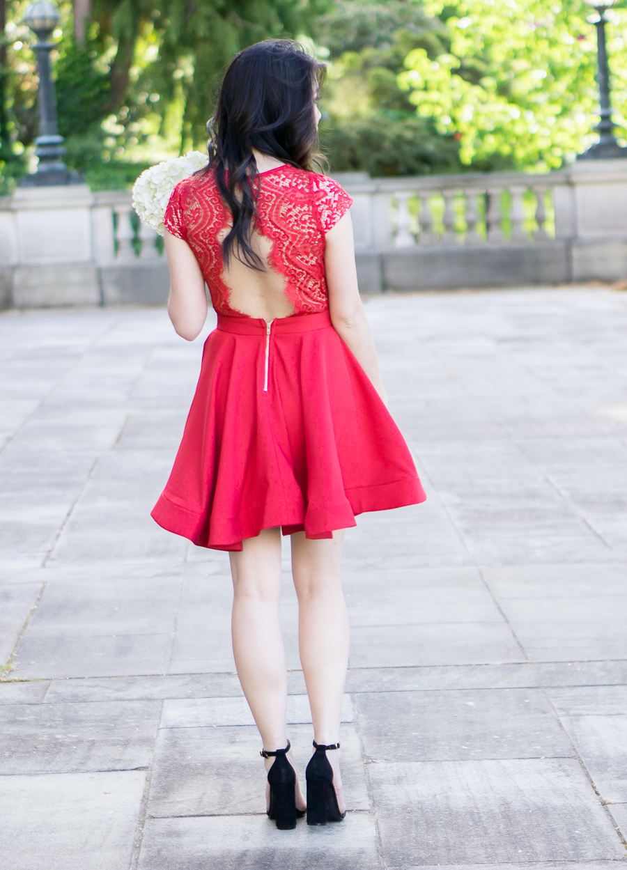 scalloped red lace dress, steve madden ankle strap sandals, wedding guest dress, petite fashion blog