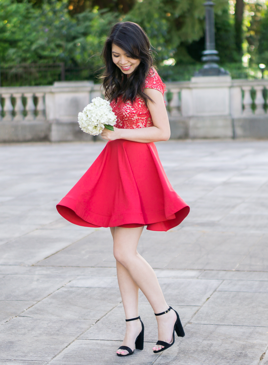 scalloped red lace dress, steve madden ankle strap sandals, wedding guest dress, petite fashion blog