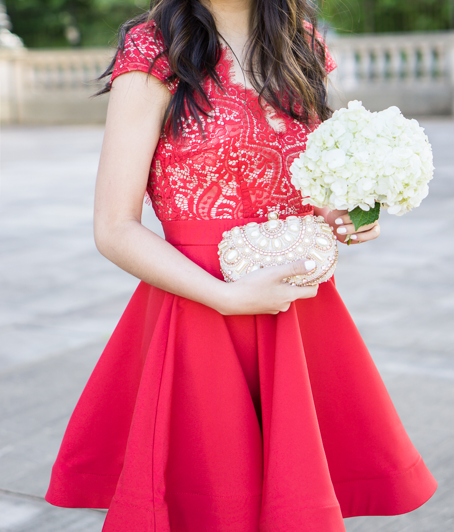 scalloped red lace dress, wedding guest dress, petite fashion blog