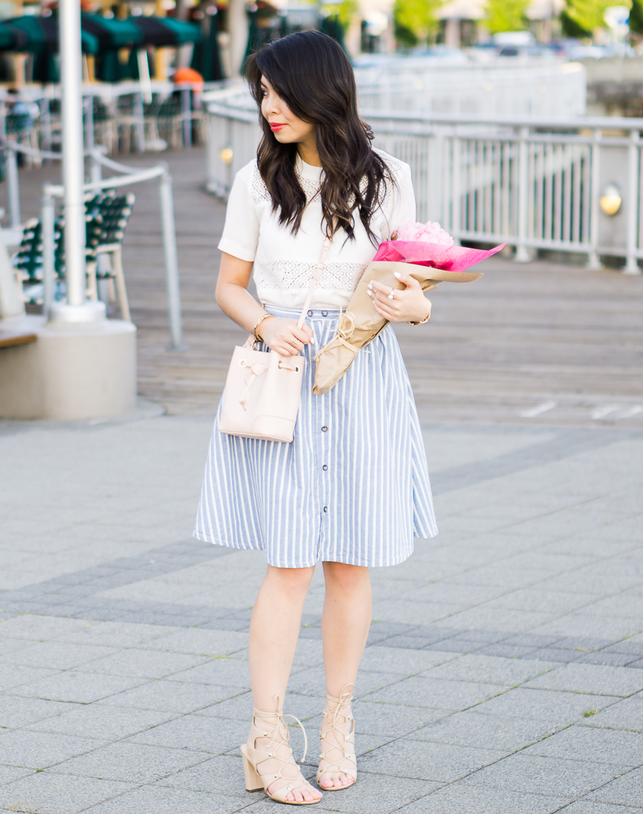 stripe a line skirt, white tee, lace up spring fashion petite fashion blog Just A Tina Bit