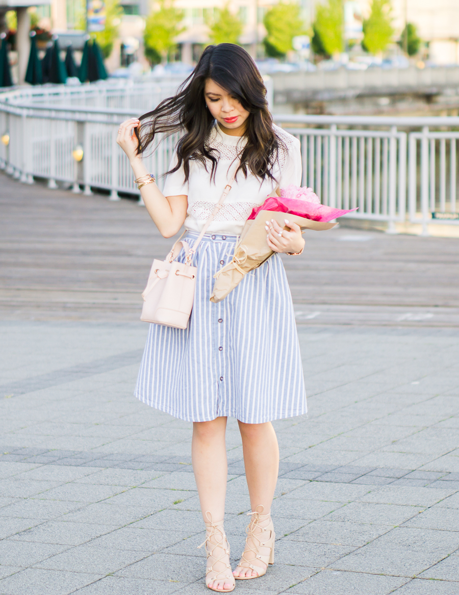 stripe a line skirt, white tee, lace up sandals, spring fashion outfit, petite fashion blog