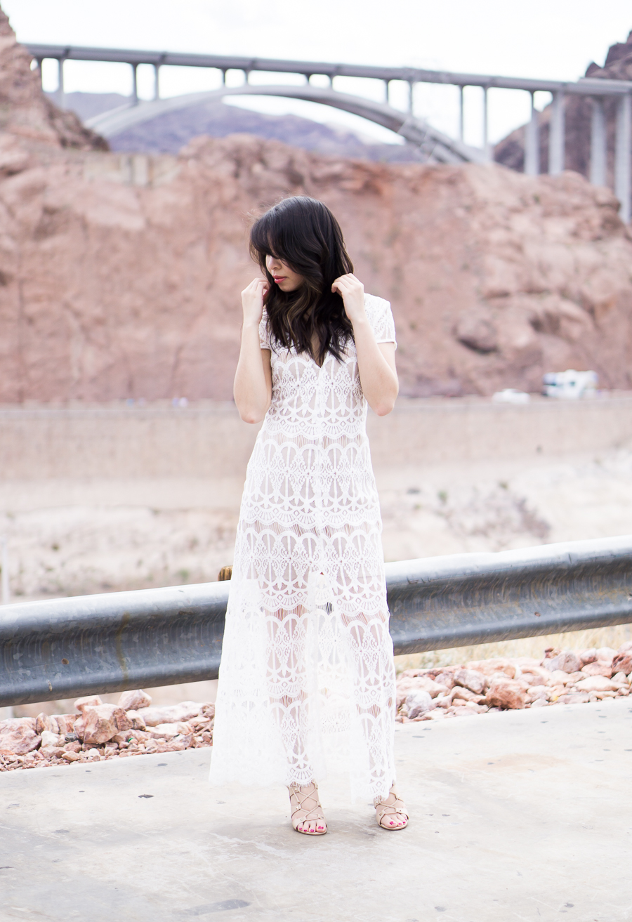 wayf lace maxi dress, lace up shoes, spring fashion, hoover dam