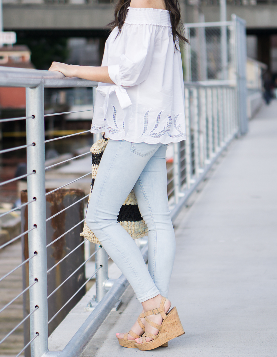 white off shoulder top outfit, light blue jeans, cork wedges, spring fashion, petite fashion blog