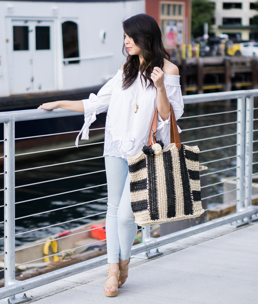 white off shoulder top outfit, light blue jeans, straw beach tote, cork wedges, spring fashion, petite fashion blog