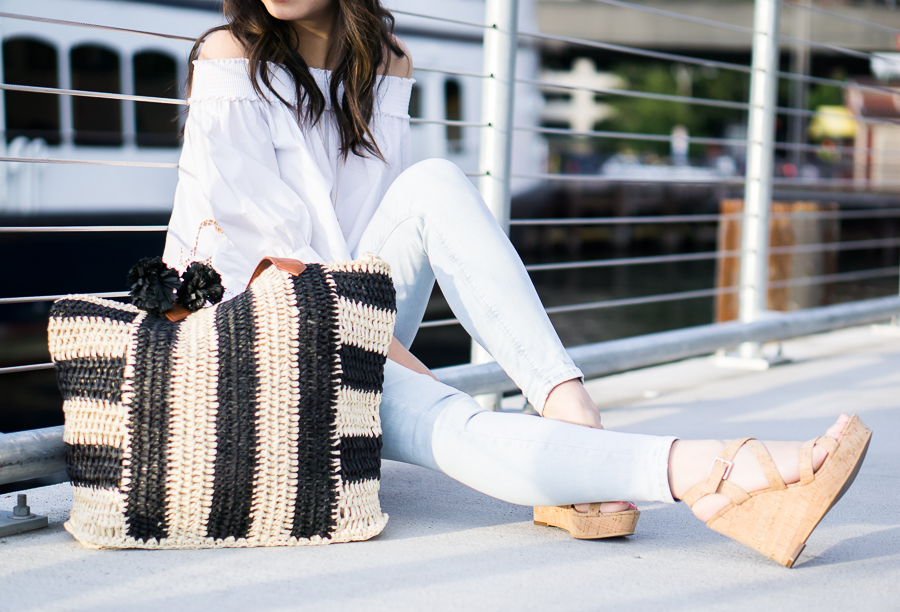 white off shoulder top outfit, light blue jeans, straw beach tote, cork wedges, spring fashion, petite fashion blog