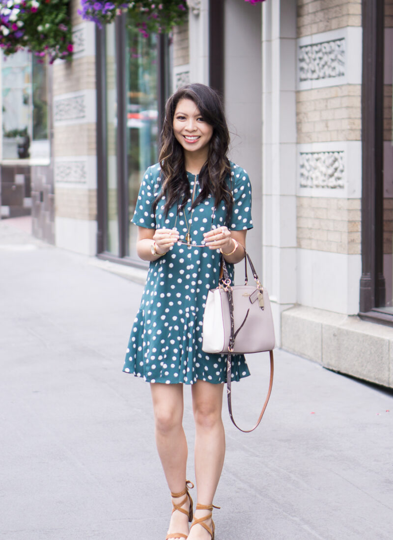 polka dot dress, ankle strap sandal, cute spring outfit, petite fashion blog