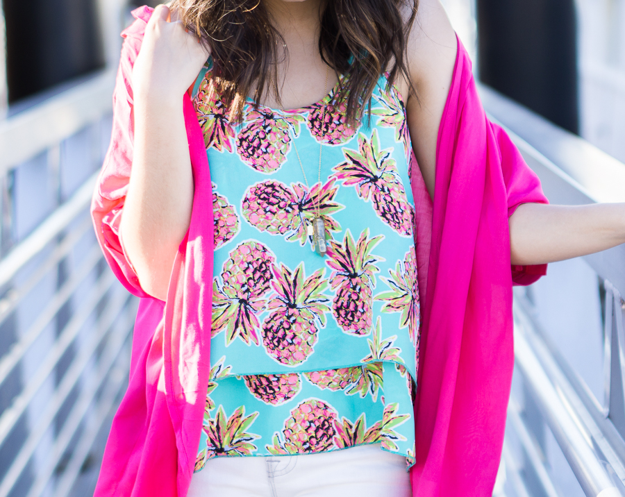 pink kimono, pineapple print top, petite fashion blog