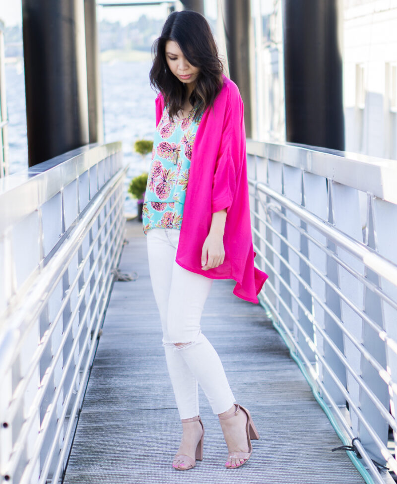 pink kimono, pineapple print top, white jeans outfit, petite fashion blog