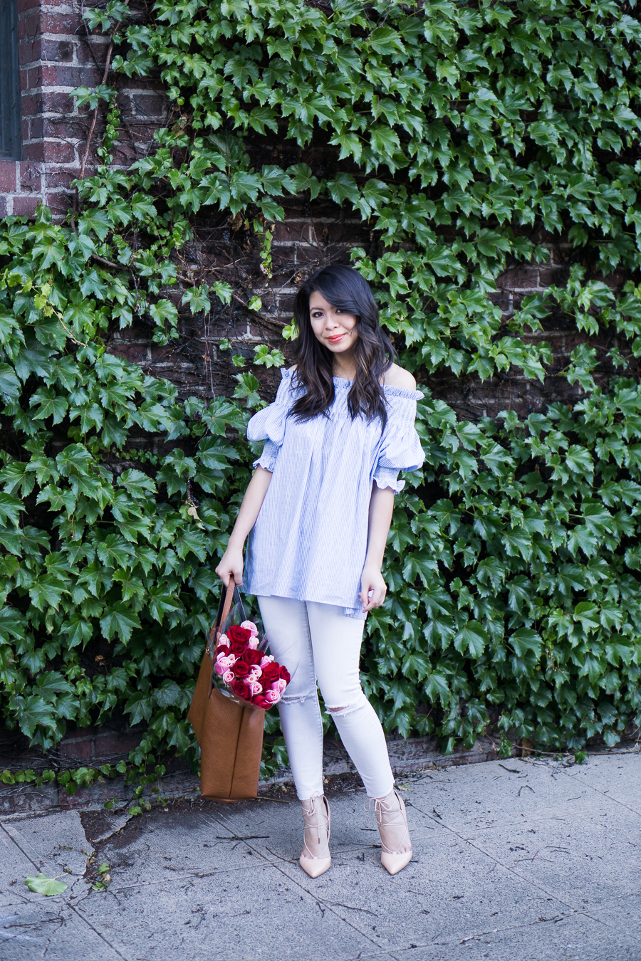 off the shoulder top outfit, white jeans, summer outfit, petite fashion blog