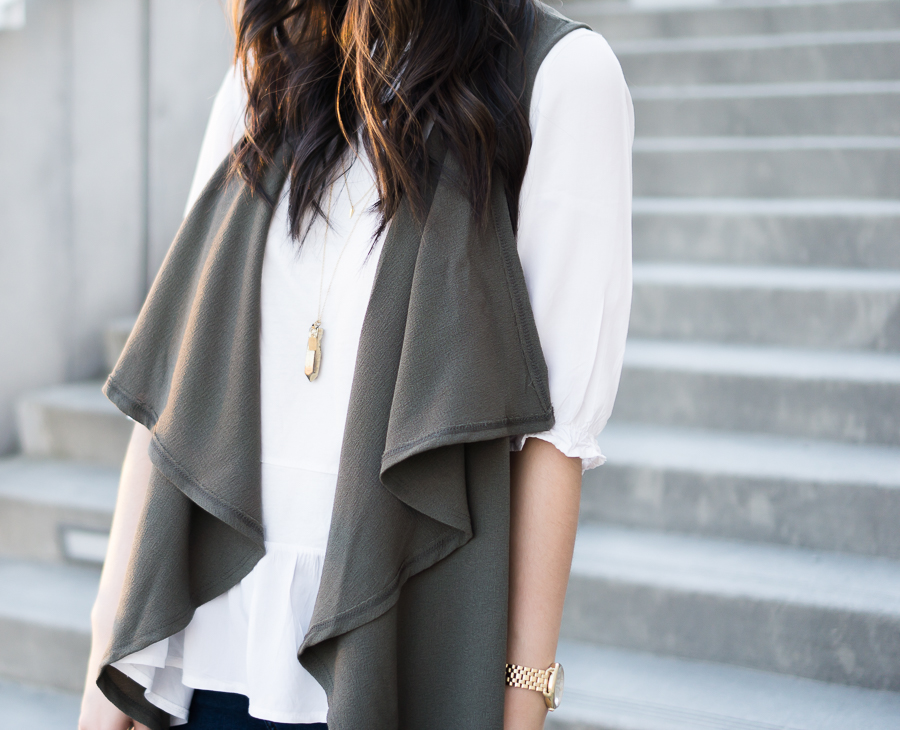 cute casual outfit, drape vest, olive waterfall cardigan