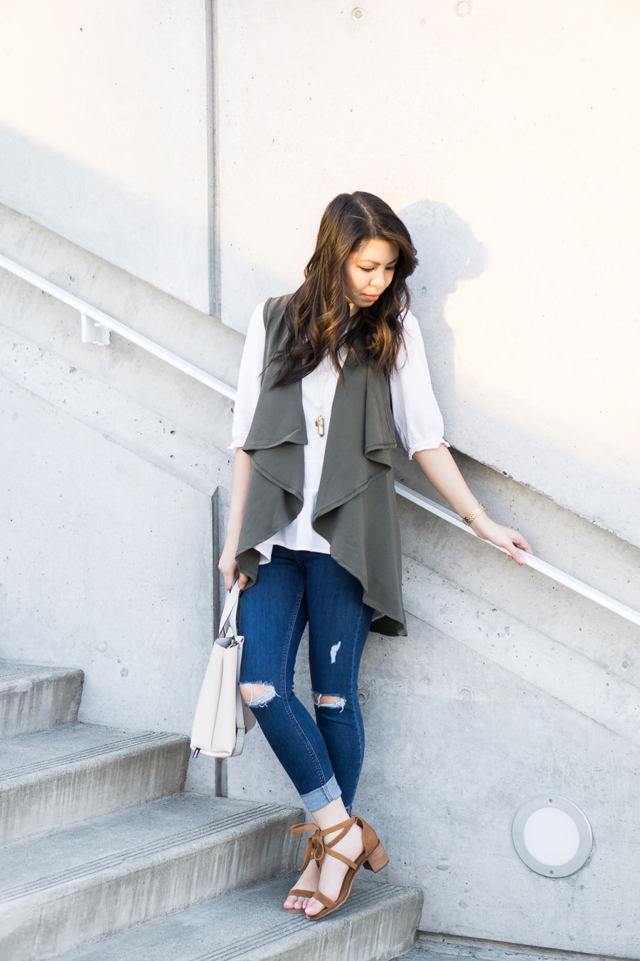 cute casual outfit, drape vest olive waterfall cardigan, topshop skinny jeans, suede lace up sandals, petite fashion blog