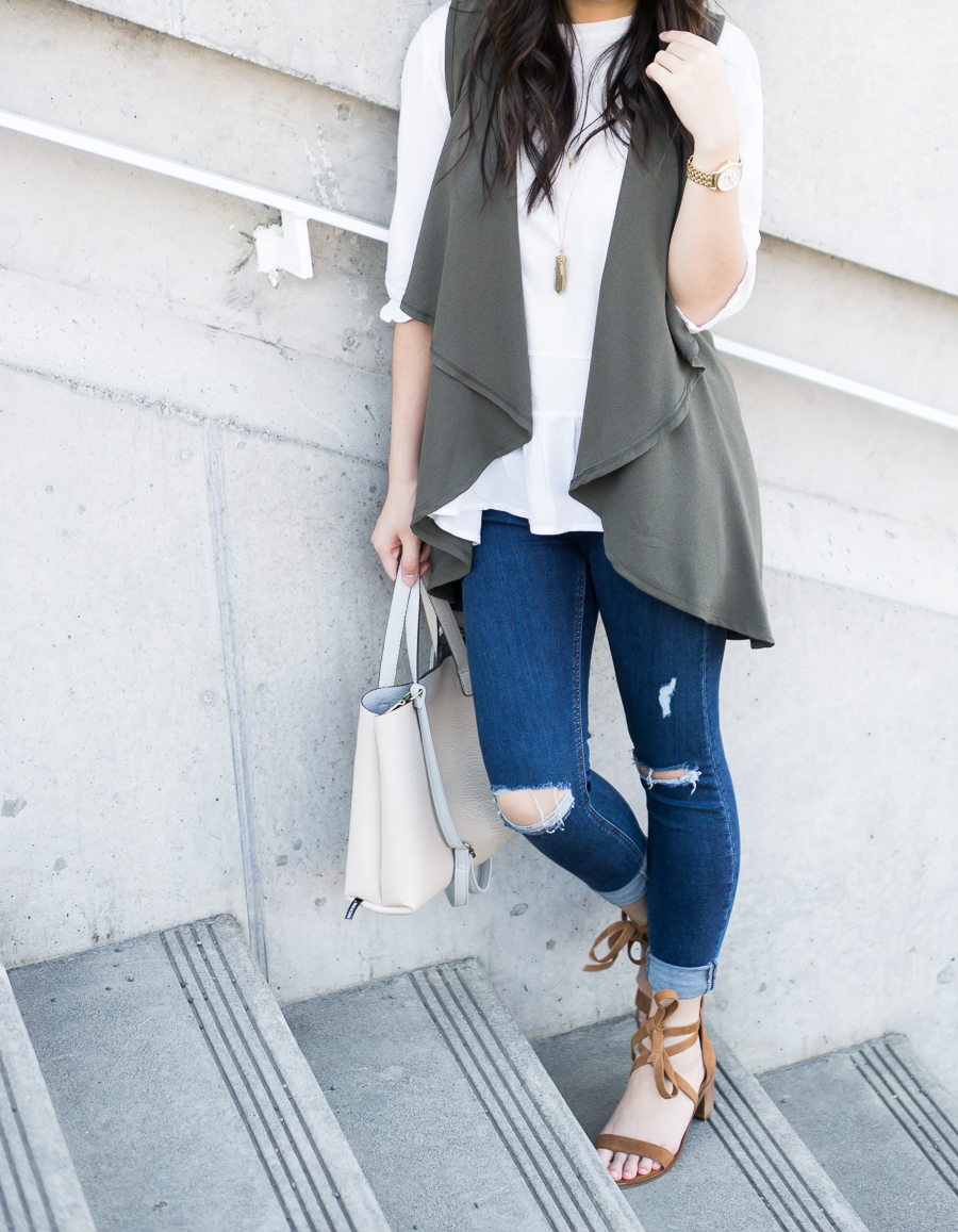 cute casual outfit, drape vest olive waterfall cardigan, topshop skinny jeans, suede lace up sandals, petite fashion blog