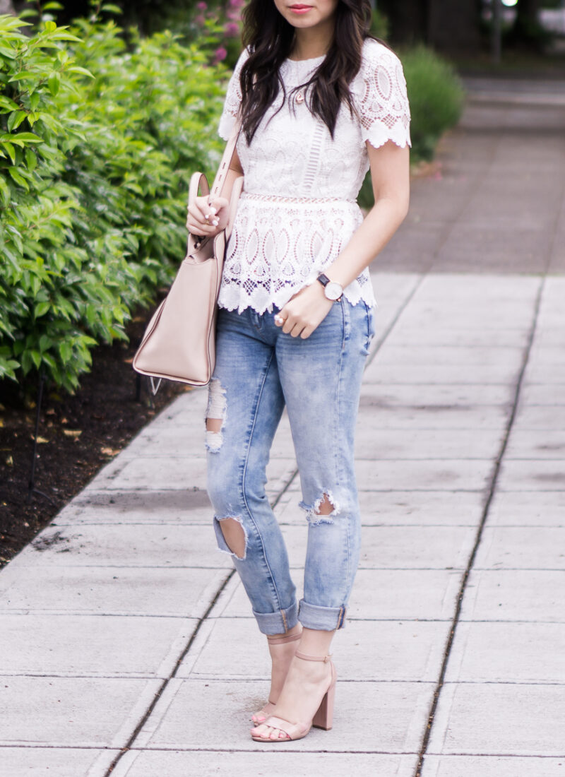 peplum lace top, skinny ripped jeans, nude ankle strap sandals, spring fashion outfit