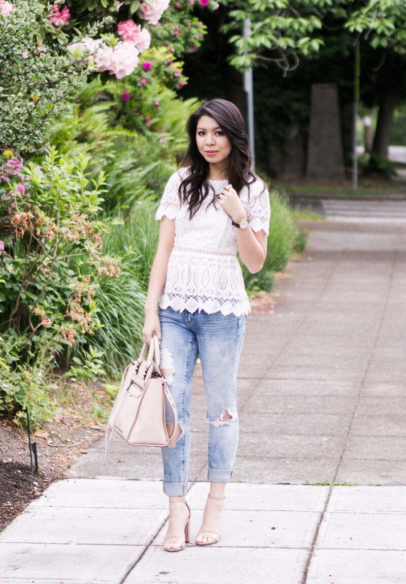 peplum lace top, skinny ripped jeans, nude ankle strap sandals, spring fashion outfit