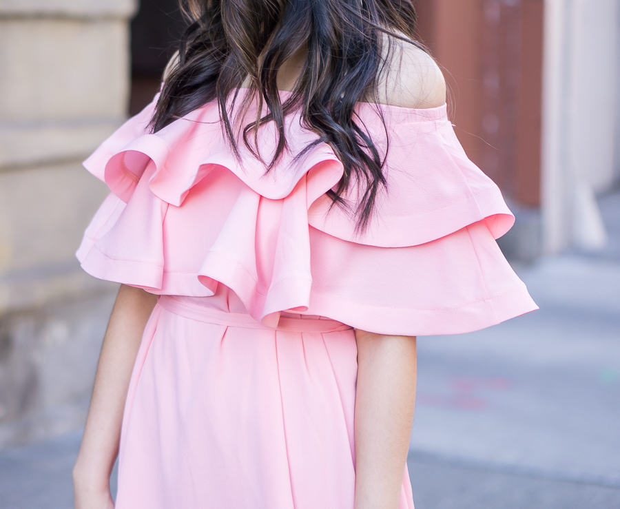 pink ruffle dress, off the shoulder dress outfit, spring fashion