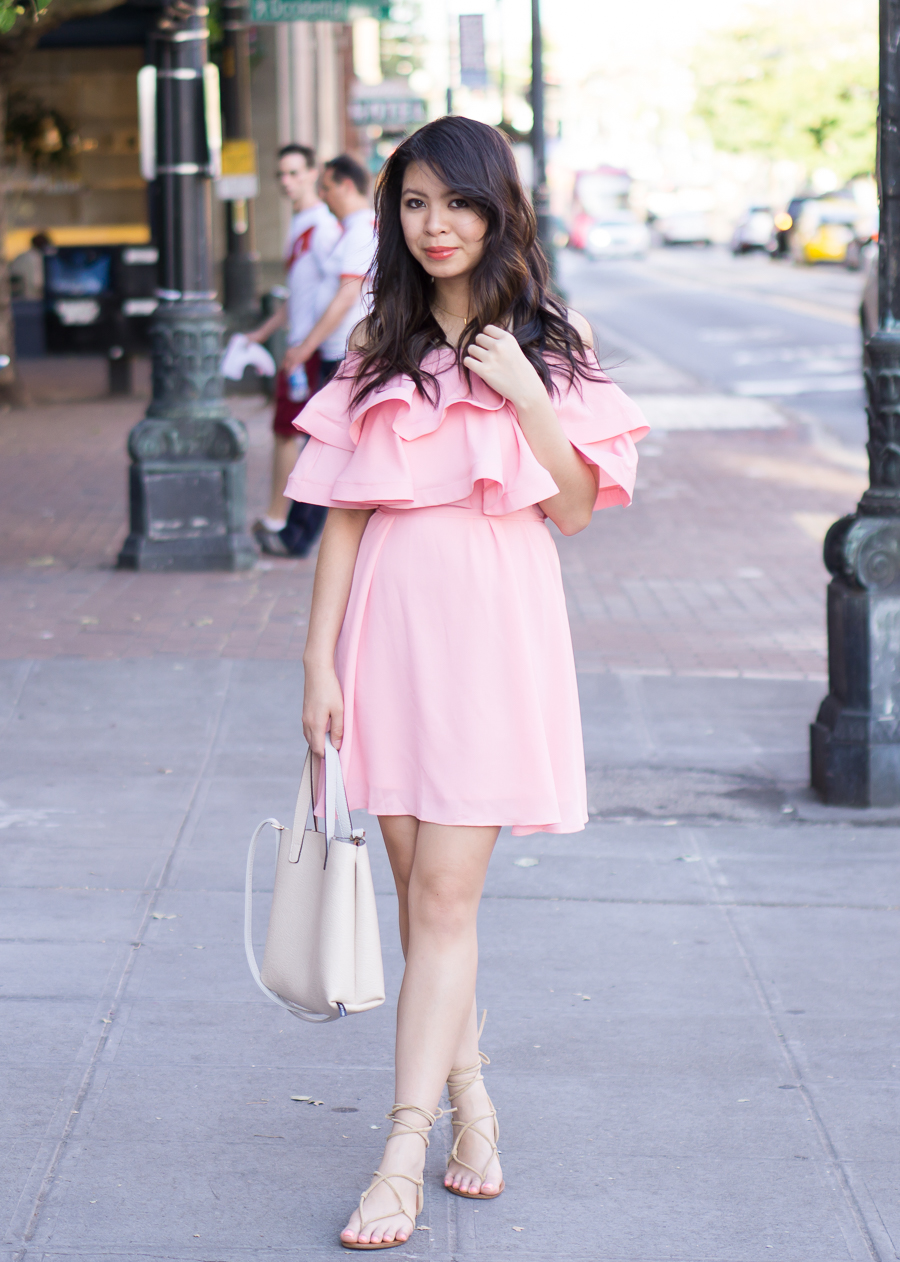 pink ruffle dress, off the shoulder dress outfit, gladiator sandals, spring fashion