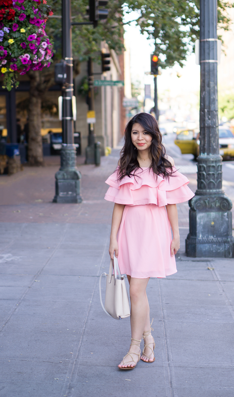 pink ruffle dress, off the shoulder dress outfit, gladiator sandals, spring fashion