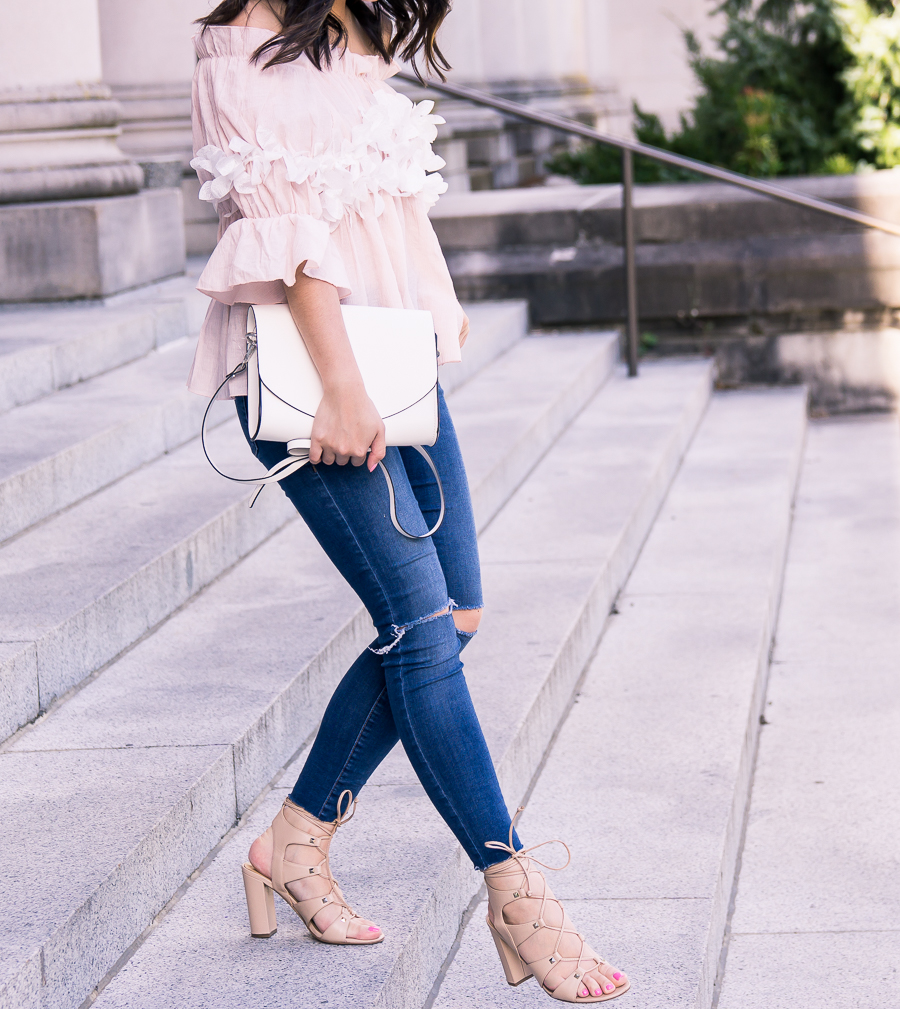 Cute and casual summer outfit wearing a blossom cute off the shoulder top and Ivanka Trump Kavita heels