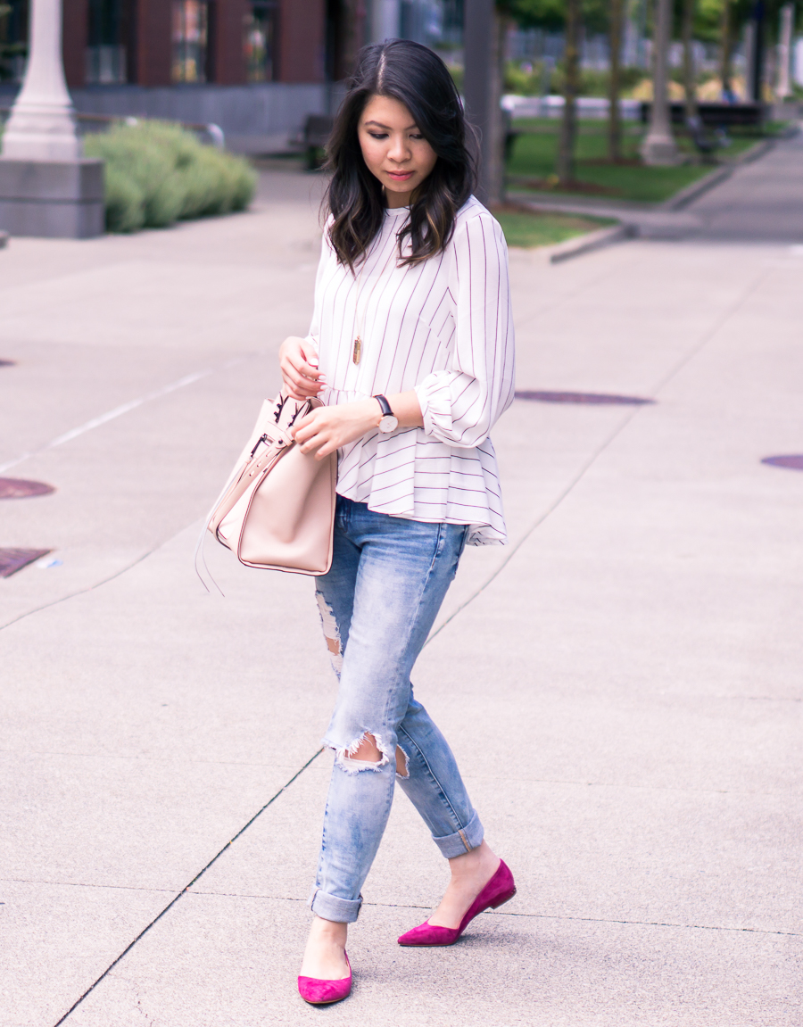 Casual outfit with striped peplum top, distressed skinny jeans, and pointy toe flats - Petite fashion blog