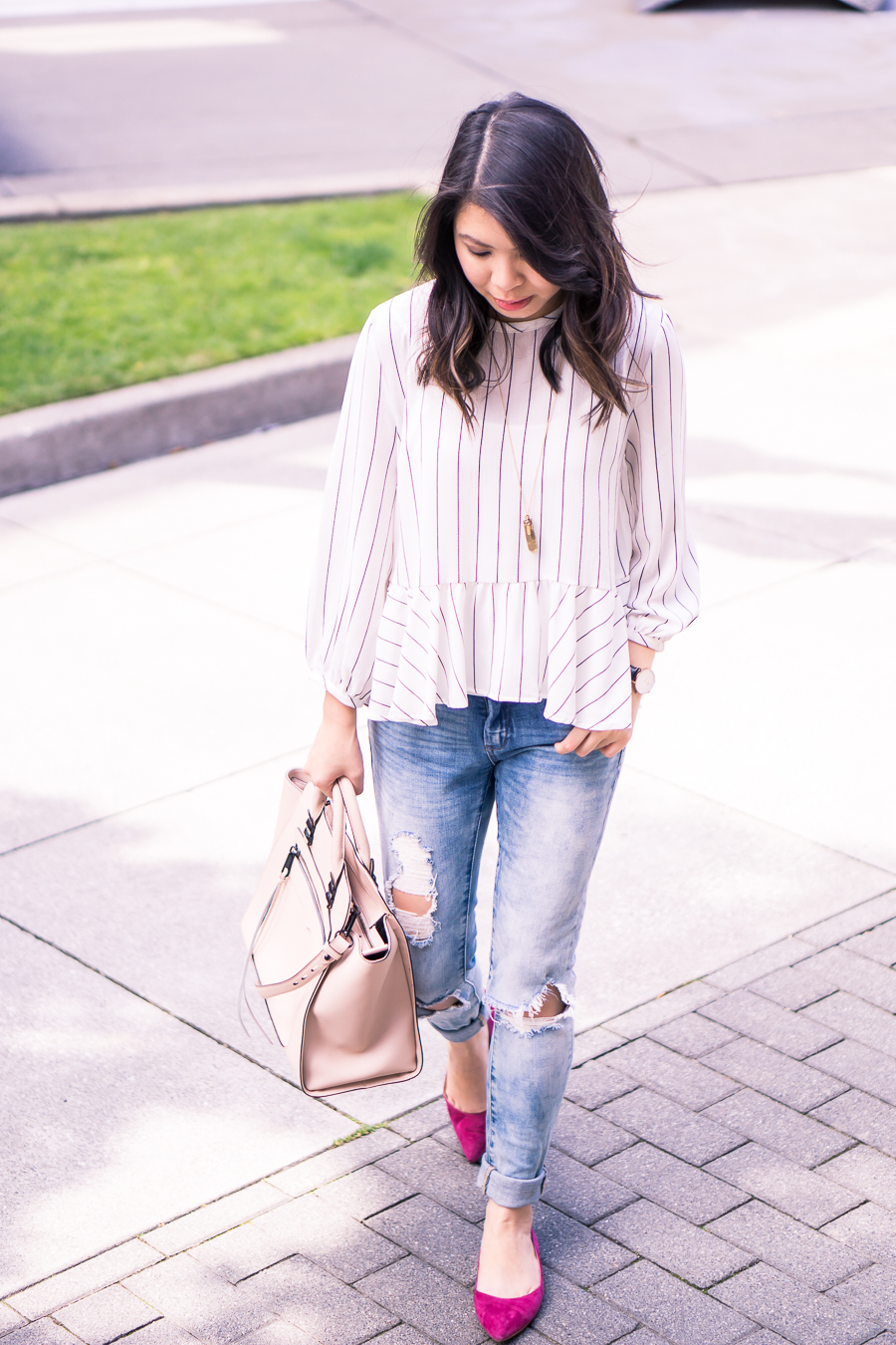 Casual outfit with striped peplum top, distressed skinny jeans, and pointy toe flats - Petite fashion blog
