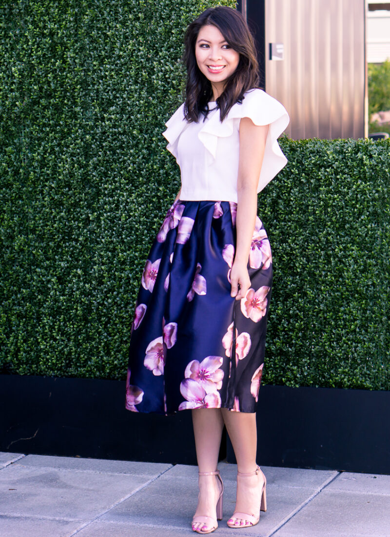 floral midi skirt, ruffle crop top, cute summer outfit, petite fashion blog