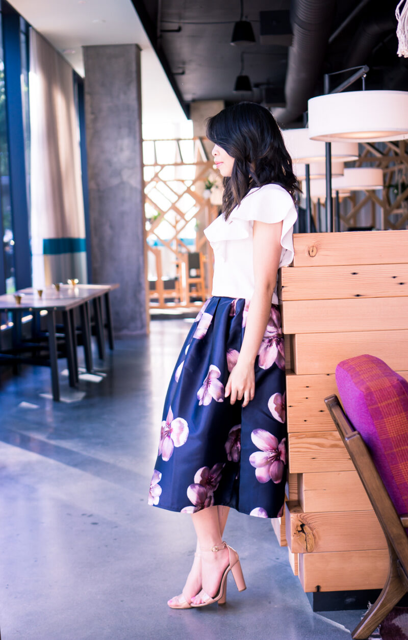 floral midi skirt, ruffle crop top, cute summer outfit, petite fashion blog