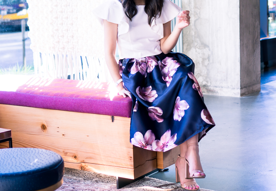 floral midi skirt, ruffle crop top, cute summer outfit, petite fashion blog