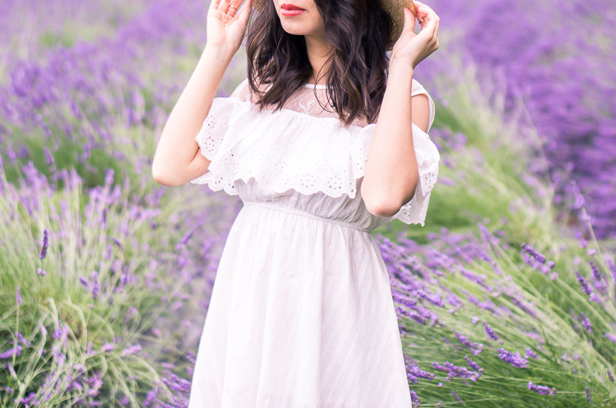 Frolicking in the Woodinville lavender fields in a cute white cold shoulder dress and straw hat - petite fashion blog