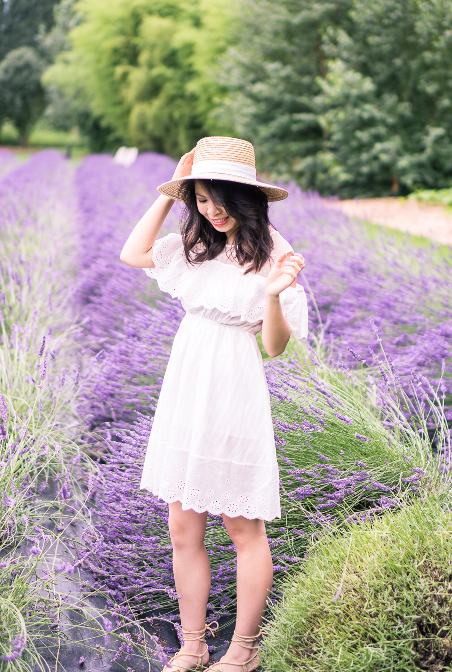 Frolicking in the Woodinville lavender fields in a cute white cold shoulder dress, straw hat, and gladiator sandals - petite fashion blog