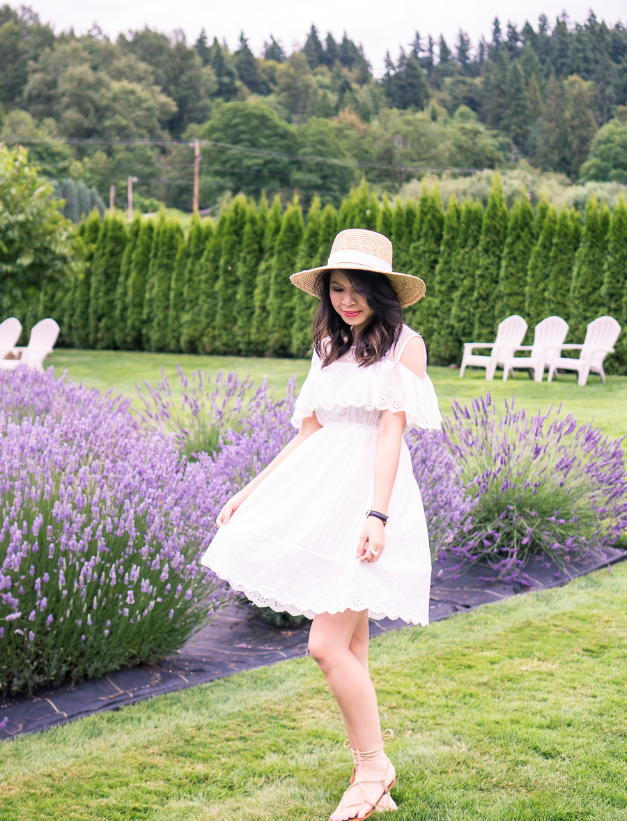Frolicking in the Woodinville lavender fields in a cute white cold shoulder dress, straw hat, and gladiator sandals - petite fashion blog