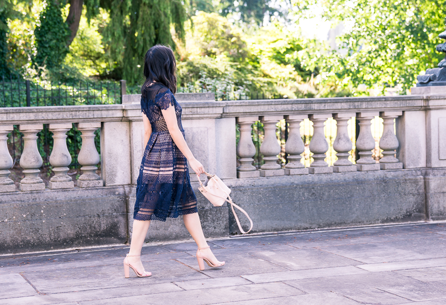 navy lace dress outfit, furla bucket bag, ankle strap sandals, petite fashion blog