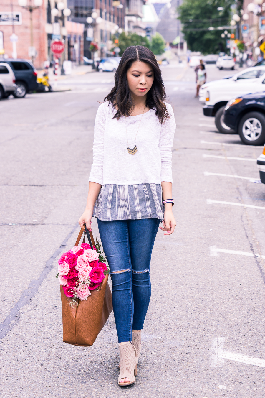 summer layered look sweater, peep toe booties, cute summer outfit, petite fashion blog
