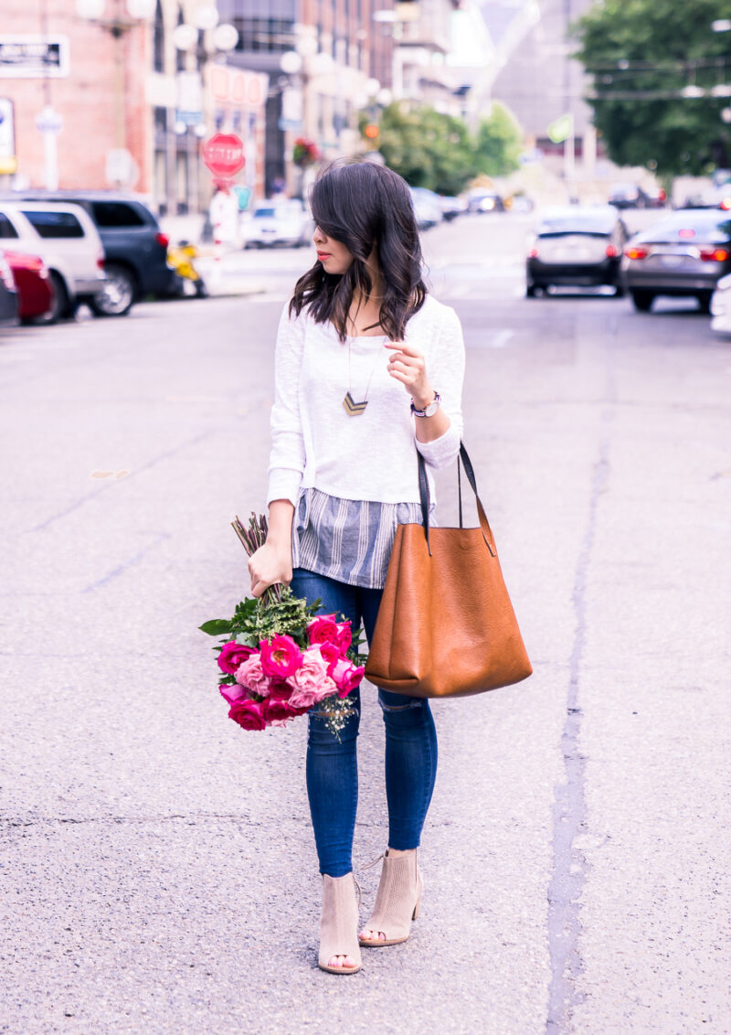 summer layered look sweater, peep toe booties, cute summer outfit, petite fashion blog