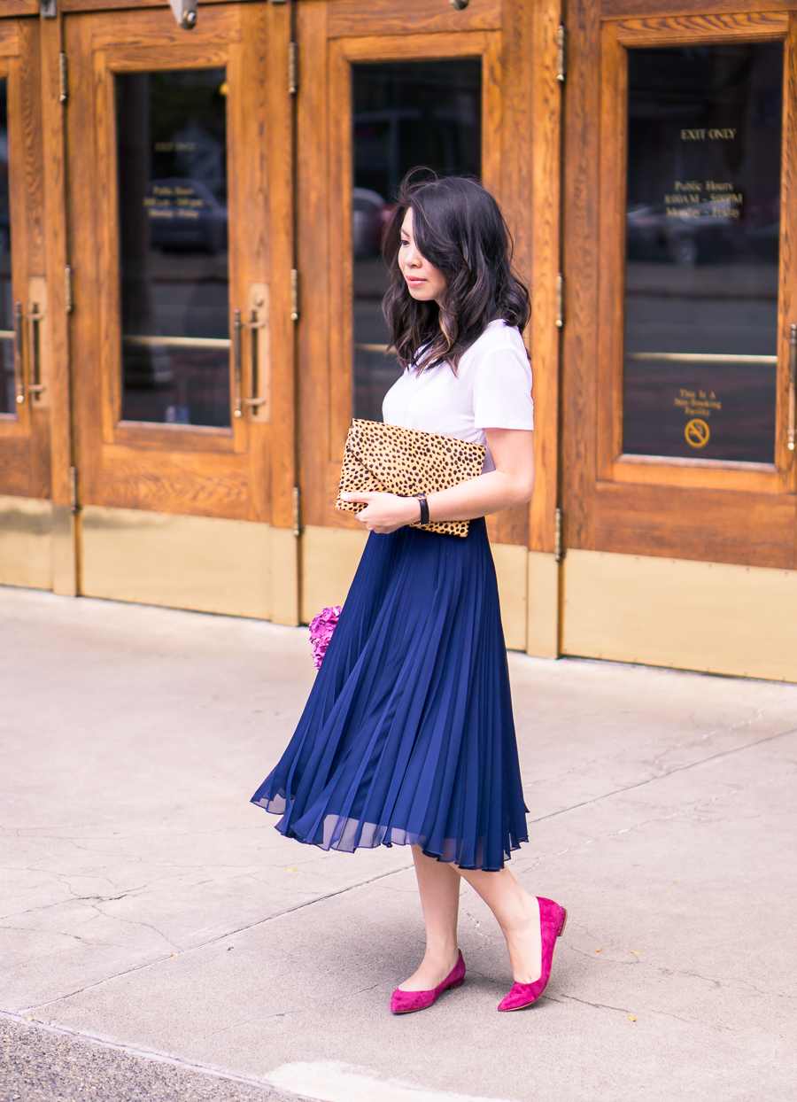 Pleated skirt with v neck tshirt and pointy toe flats - my picks from the Nordstrom Anniversary sale!