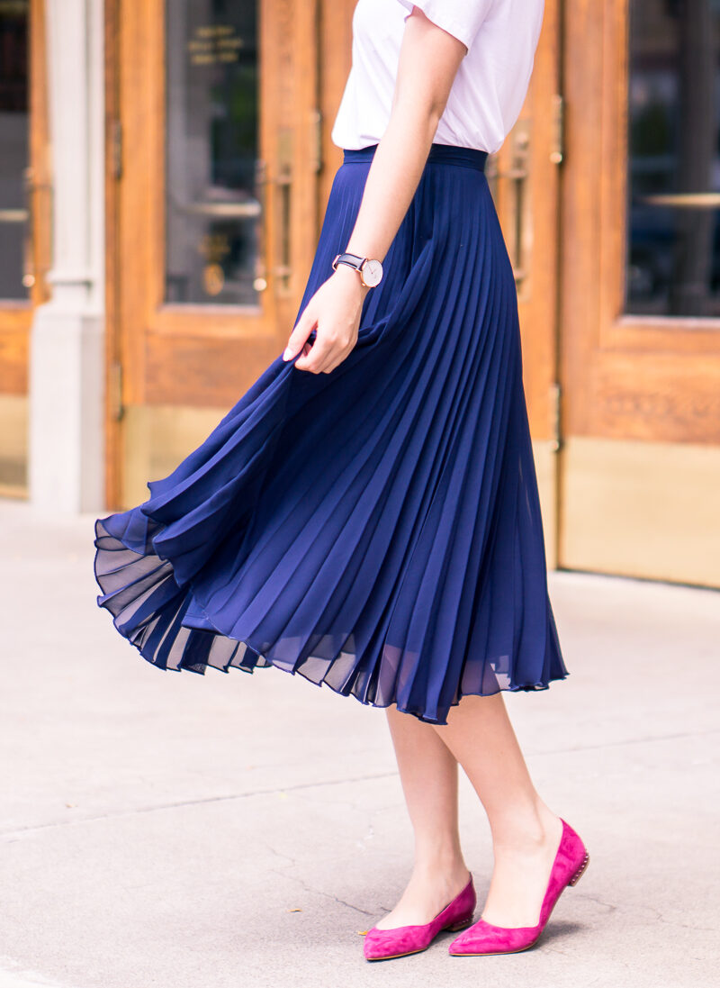 Pleated skirt with v neck tshirt and pointy toe flats - my picks from the Nordstrom Anniversary sale!