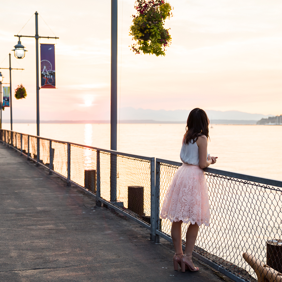 Chi Chi London Full Lace Skirt Outfit | Petite Fashion Blog | Seattle Waterfront Sunset