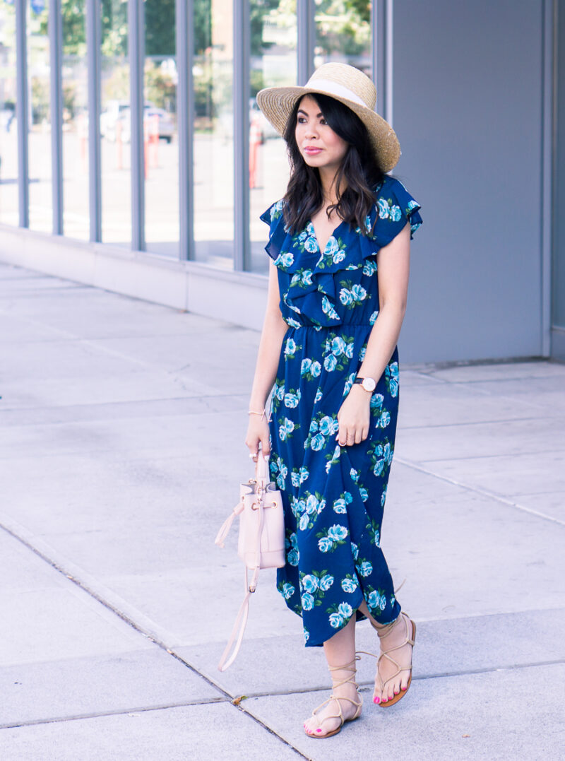 This floral midi dress paired with gladiator sandals and straw hat makes this the perfect casual summer outfit! Petite fashion blog