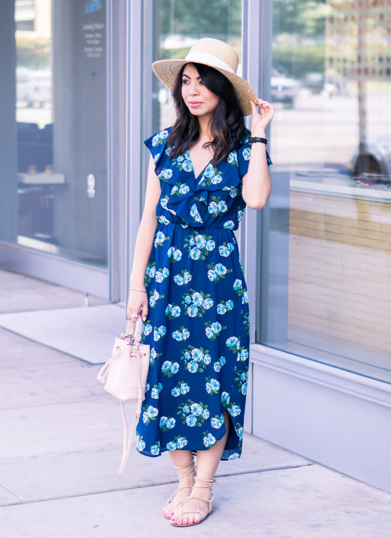 This floral midi dress paired with gladiator sandals and straw hat makes this the perfect casual summer outfit! Petite fashion blog