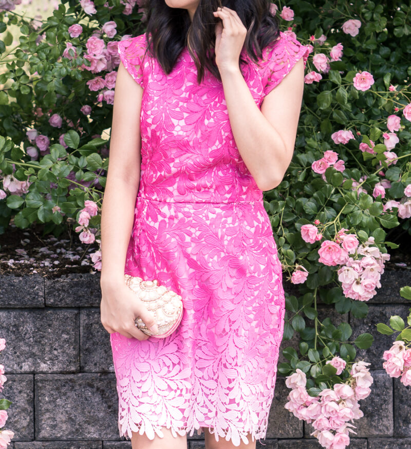 Pink ombre dress that's perfect as a wedding guest dress! Paired with nude ankle strap sandals| Just A Tina Bit - Petite Fashion Blog