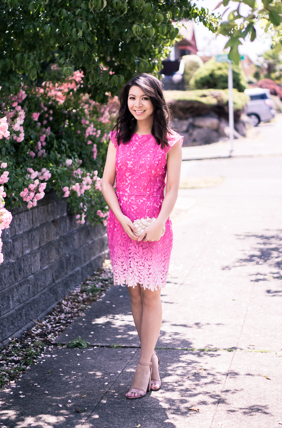 Pink ombre dress that's perfect as a wedding guest dress! Paired with nude ankle strap sandals | Just A Tina Bit - Petite Fashion Blog