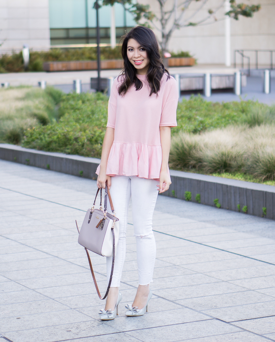 Pink ruffle cute tshirt with white skinny jeans and bow pumps | Petite fashion blog