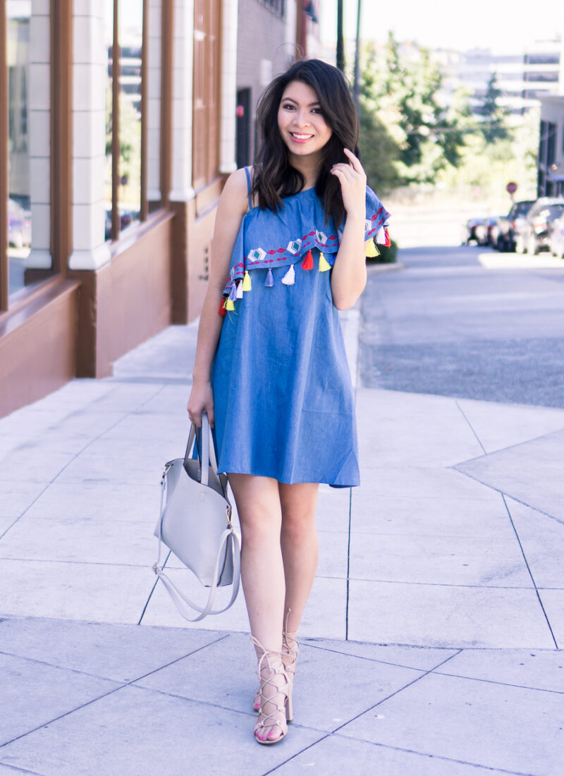 Tassel one shoulder dress, lace up sandals, summer outfit, petite fashion blog