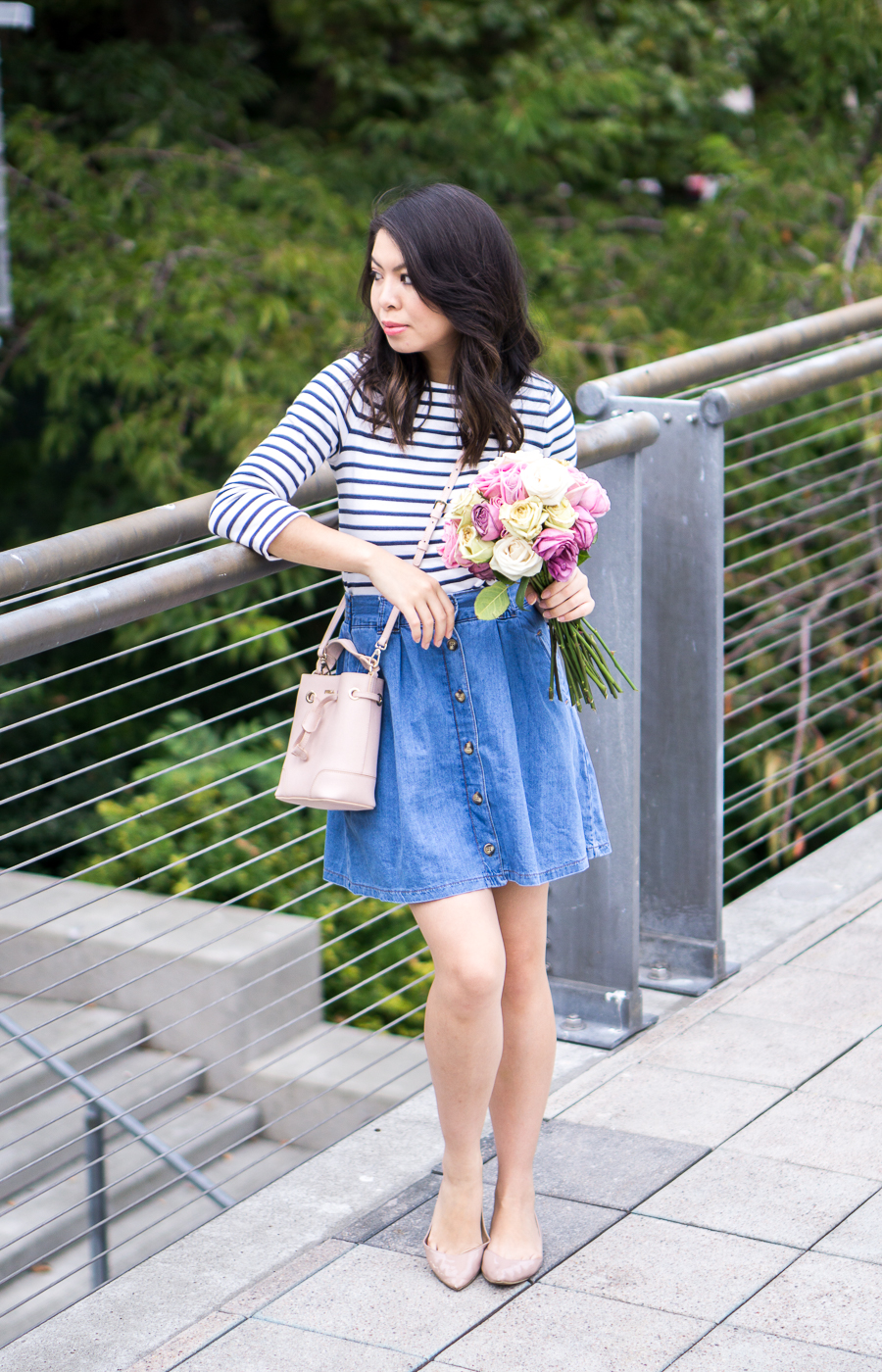 3 summer denim outfits, button up skirt, striped top, petite fashion blog