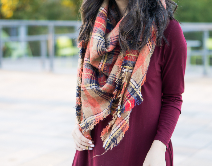 Fall outfit with autumn plaid scarf