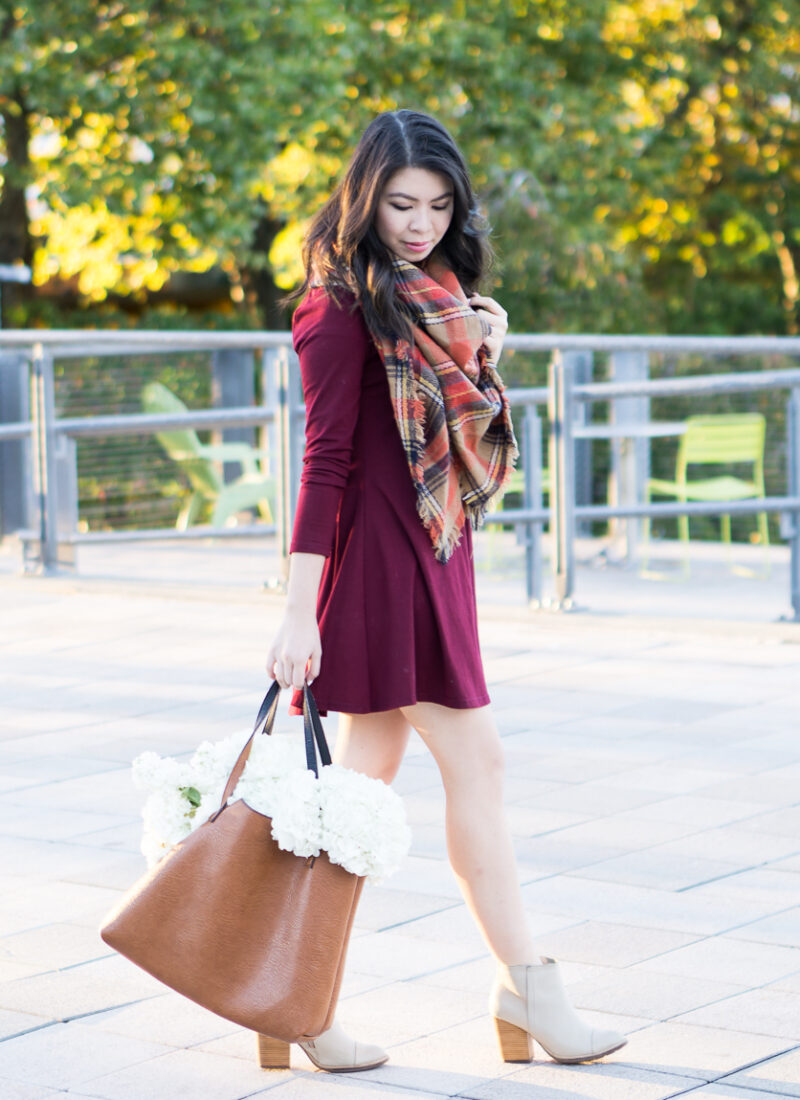 Fall outfit with burgundy dress, autumn plaid scarf, and booties | Petite Fashion Blog