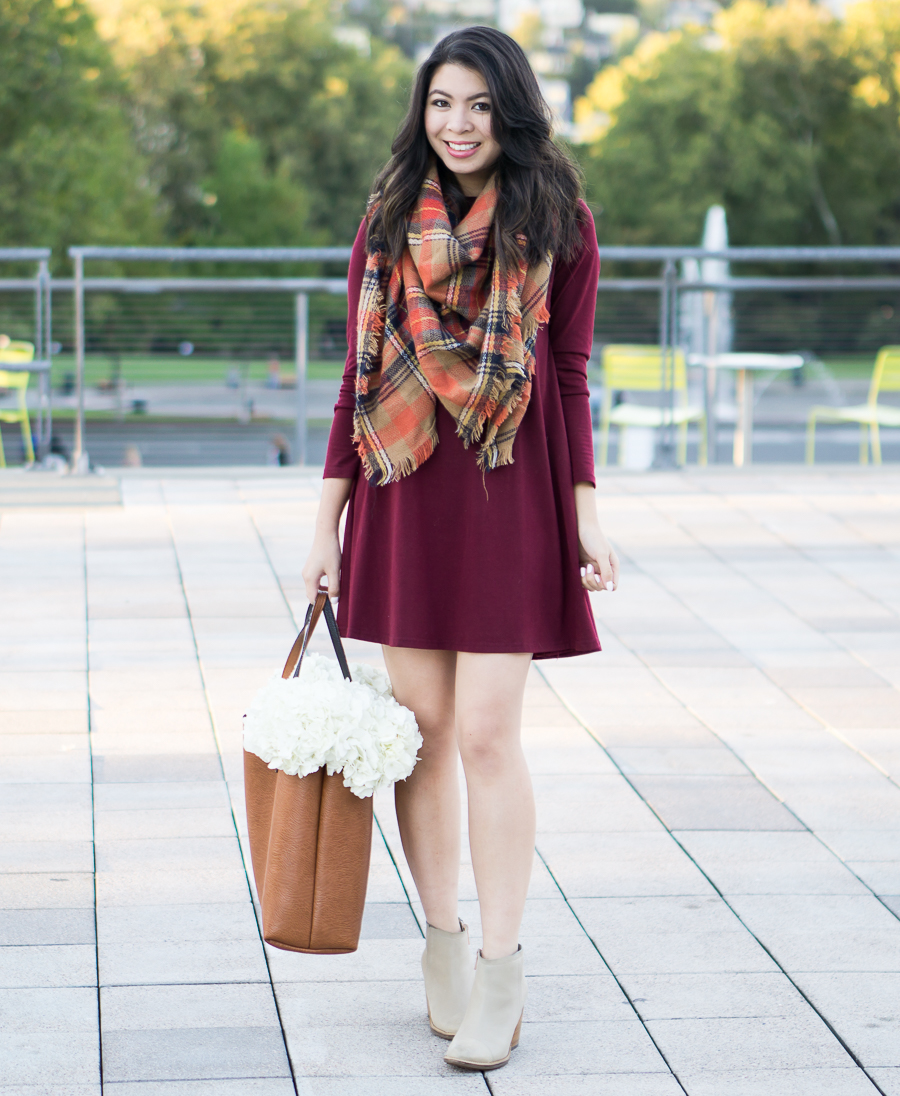 Fall outfit with burgundy dress, autumn plaid scarf, and booties | Petite Fashion Blog