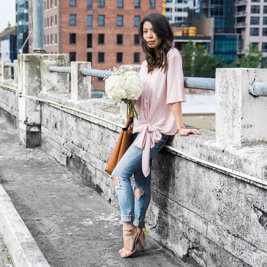 Wrap top blouse, BLANKNYC distressed jeans, nude ankle strap sandals, casual chic outfit, petite fashion blog