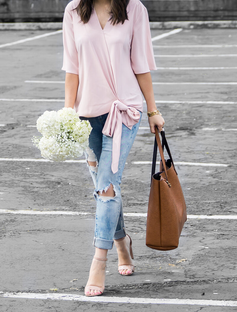 Wrap top blouse, BLANKNYC distressed jeans, nude ankle strap sandals, casual chic outfit, petite fashion blog