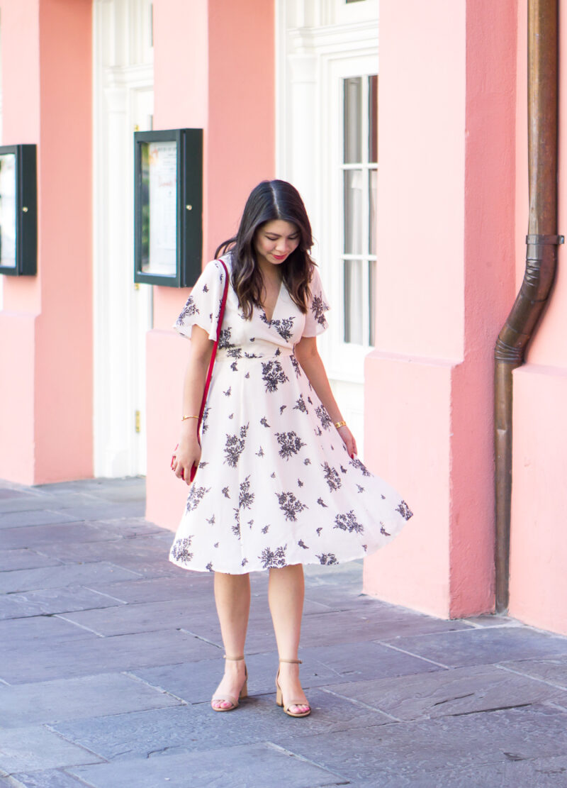 Floral wrap dress with ankle strap sandals in New Orleans French Quarter | Petite Fashion Blog