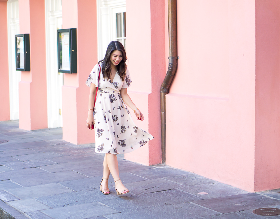 Floral wrap dress with ankle strap sandals in New Orleans French Quarter | Petite Fashion Blog